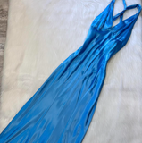 Niulatu V-neck Sheath Satin Long Prom Dresses, Backelsss Blue Formal Evening Dresses HZ1026