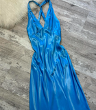Niulatu V-neck Sheath Satin Long Prom Dresses, Backelsss Blue Formal Evening Dresses HZ1026