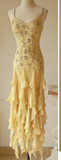 Niulatu Spaghetti Strap Sheath Chiffon Beaded Long Prom Dresses , Yellow Formal Evening Dresses HZ1026