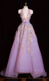 Niulatu V-neck A-Line Tulle Applique Long Prom Dresses, Light Purple Formal Evening Dresses HZ1026