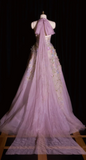 Niulatu V-neck A-Line Tulle Applique Long Prom Dresses, Light Purple Formal Evening Dresses HZ1026