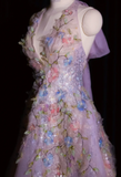 Niulatu V-neck A-Line Tulle Applique Long Prom Dresses, Light Purple Formal Evening Dresses HZ1026