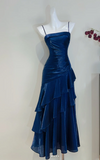 Niulatu Spaghetti Strap Sheath Tulle Birthday Dresses, Navy Blue Formal Evening Dresses HZ1026