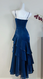 Niulatu Spaghetti Strap Sheath Tulle Birthday Dresses, Navy Blue Formal Evening Dresses HZ1026