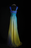 Niulatu V-neck Sheath Tulle Long Prom Dresses Yellow /Blue Formal Evening Dresses HZ1026