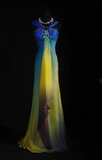 Niulatu V-neck Sheath Tulle Long Prom Dresses Yellow /Blue Formal Evening Dresses HZ1026