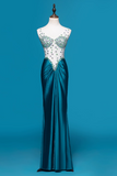 Niulatu V-neck Sheath Satin Beaded Long Prom Dresses Blue Formal Evening Dresses HZ1026