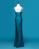 Niulatu V-neck Sheath Satin Beaded Long Prom Dresses Blue Formal Evening Dresses HZ1026