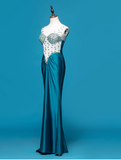Niulatu V-neck Sheath Satin Beaded Long Prom Dresses Blue Formal Evening Dresses HZ1026
