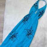 Niulatu Halter Sheath Chiffon Beaded Long Prom Dresses, Blue Formal Evening Dresses HZ1026