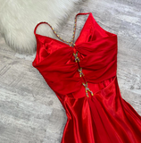 Niulatu V-neck Sheath Satin Wedding Guest Dresses Red Formal Evening Dresses HZ1026