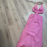 Niulatu Halter Sheath Beaded Sequin Wedding Guest Dresses Pink Formal Evening Dresses HZ1026