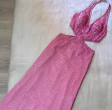 Niulatu Halter Sheath Beaded Sequin Wedding Guest Dresses Pink Formal Evening Dresses HZ1026