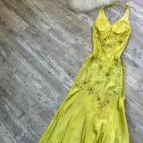 Niulatu Halter Sheath Satin Lace Beaded Wedding Guest Dresses Yellow Formal Evening Dresses HZ1026