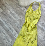 Niulatu Halter Sheath Satin Lace Beaded Wedding Guest Dresses Yellow Formal Evening Dresses HZ1026
