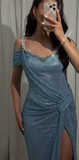 Niulatu V-neck Sheath Mesh Slit Long Prom Dresses Gray Blue Formal Evening Dresses HZ1026