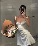 Niulatu Strap Sheath Satin Lace Short Prom Dresses, White Homecoming Dresses HZ1026