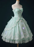 Niulatu Strapless Ball Gown Lace Applique Short Birthday Dress Cute Green Lolita Dress HZ1026