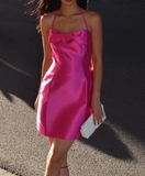Niulatu Halter Sheath Satin Short Prom Dresses, Fuchsia Homecoming Dresses HZ1026
