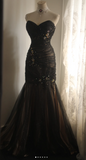 Niulatu Sweetheart Mermaid Tulle Beaded Long Prom Dresses, Black Formal Dresses HZ1026