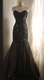 Niulatu Sweetheart Mermaid Tulle Beaded Long Prom Dresses, Black Formal Dresses HZ1026