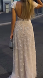 Niulatu Square Neck Sheath Chiffon Appliqu¨¦ Long Prom Dresses, White Backless Formal Dresses HZ1026