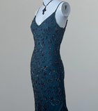 Niulatu Spaghetti Strap Sheath Chiffon Beaded Long Prom Dresses, Jade Backless Formal Dresses HZ1026