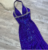 Niulatu V-neck Memaid Chiffon beaded Long Prom Dresses, Blue Backless Formal Evening Dresses HZ1026