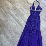 Niulatu V-neck Memaid Chiffon beaded Long Prom Dresses, Blue Backless Formal Evening Dresses HZ1026