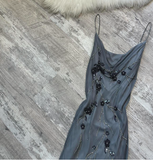 Niulatu Spaghetti Strap Sheath Chiffon Beaded Long Prom Dresses, Dark Gray Formal Evening Dresses HZ1026