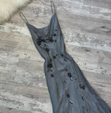 Niulatu Spaghetti Strap Sheath Chiffon Beaded Long Prom Dresses, Dark Gray Formal Evening Dresses HZ1026