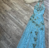 Niulatu V neck Sheath Chiffon Beaded Long Prom Dresses, Blue Backless Formal Evening Dresses HZ1026