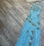 Niulatu V neck Sheath Chiffon Beaded Long Prom Dresses, Blue Backless Formal Evening Dresses HZ1026