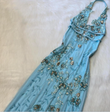 Niulatu V neck Sheath Chiffon Beaded Long Prom Dresses, Blue Backless Formal Evening Dresses HZ1026