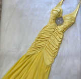 Niulatu Halter Mermaid Chiffon Satin Long Prom Dresses, Yellow Formal Evening Dresses HZ1026