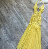 Niulatu Halter Mermaid Chiffon Satin Long Prom Dresses, Yellow Formal Evening Dresses HZ1026