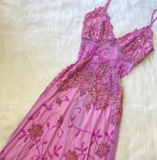 Niulatu Spaghetti Strap Sheath Chiffon Beaded Long Prom Dresses, Pink Formal Evening Dresses HZ1026