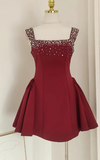 Niulatu Square Neck A-Line Satin Short Prom Dresses, Burgundy Homecoming Dresses, Sweet Birthday Dresses HZ1026