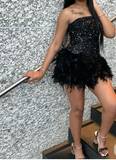 Niulatu Strapless Bodycon Short Prom Dresses, Black Homecoming Dresses, Sequined Birthday Dresses HZ1026