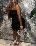 Niulatu Strapless Bodycon Short Prom Dresses, Black Homecoming Dresses, Sequined Birthday Dresses HZ1026