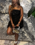 Niulatu Strapless Bodycon Short Prom Dresses, Black Homecoming Dresses, Sequined Birthday Dresses HZ1026