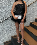 Niulatu Strapless Bodycon Short Prom Dresses, Black Homecoming Dresses, Sequined Birthday Dresses HZ1026