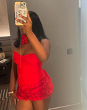 Niulatu Strapless Bodycon Chiffon Short Prom Dresses, Red Homecoming Dresses Birthday Dresses HZ1026