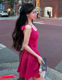 Niulatu Square Neck A-Line Satin Short Prom Dresses, Fuchsia Homecoming Dresses, Sweet Birthday Dresses HZ1026