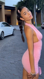 Niulatu V neck Bodycon Chiffon Short Prom Dresses, Pink Homecoming Dresses, Backless Birthday Dresses HZ1026