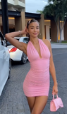 Niulatu V neck Bodycon Chiffon Short Prom Dresses, Pink Homecoming Dresses, Backless Birthday Dresses HZ1026