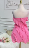 Niulatu Strapless Sheath Chiffon Short Prom Dresses, Pink Homecoming Dresses Birthday Dresses HZ1026