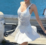Niulatu Spaghetti Strap Sheath Chiffon Sequin Short Prom Dresses White Homecoming Dresses Sweet Birthday Dresses HZ1026
