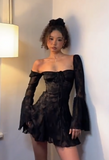 Niulatu Square Neck Sheath Chiffon Short Prom Dresses Black Homecoming Dresses Long Sleeve Birthday Dresses HZ1026