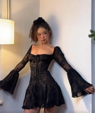 Niulatu Square Neck Sheath Chiffon Short Prom Dresses Black Homecoming Dresses Long Sleeve Birthday Dresses HZ1026
